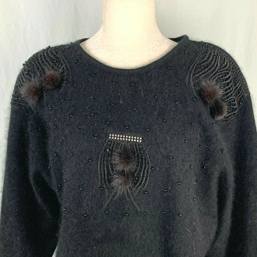 Vintage 80s Angora Sweater S Black Beaded
